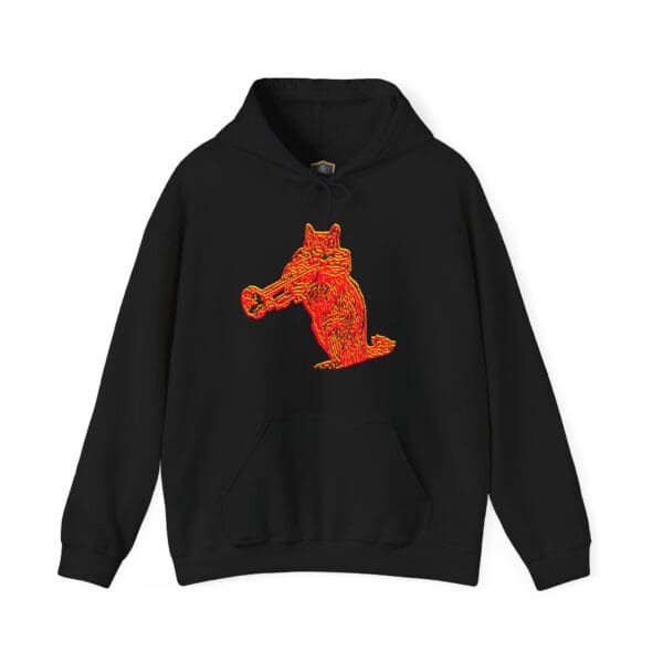 Chipmunk Hoodie in black, showcasing an illustration of a stylized red and yellow fox with a trumpet.