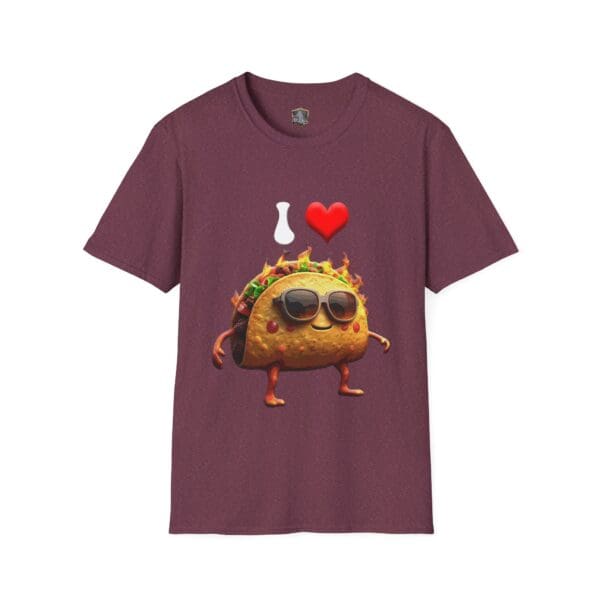 A t-shirt named "I Love Hot Taco" in maroon, featuring a cartoon taco with sunglasses and flames beside an "I ❤️" symbol.