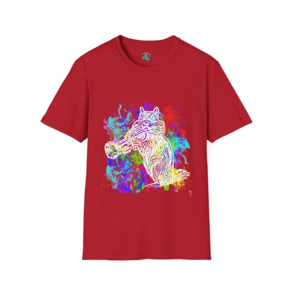 Smoked Chipmunk T-Shirt featuring a colorful graphic of a raccoon playing a trumpet, surrounded by vibrant splashes of color.