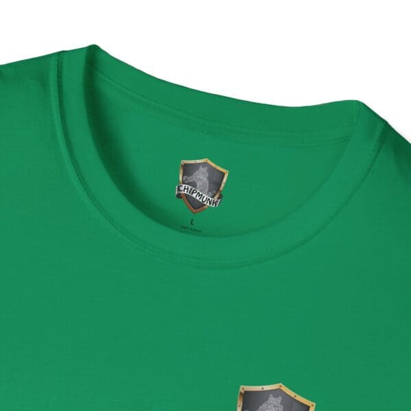 The Show T-Shirt in green, featuring a Chipmunk logo on the label inside the collar.