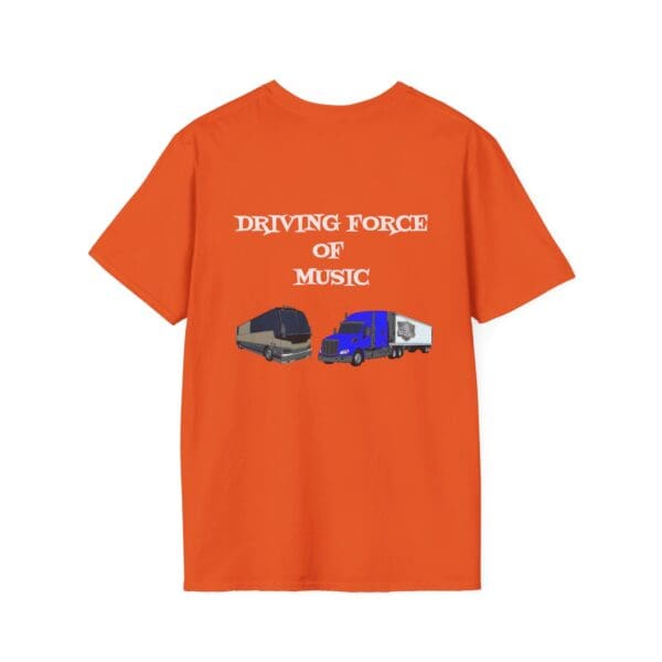 Driving Force T-Shirt in orange, showcasing "Driving Force of Music" along with bus and truck graphics on the back.