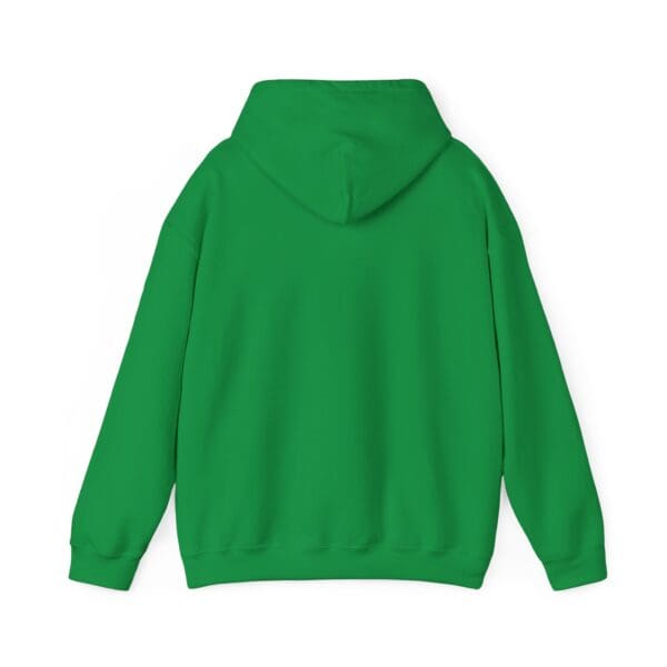 The Gen X Hoodie shown from the back features a plain green design with long sleeves and a hood, set against a white background.