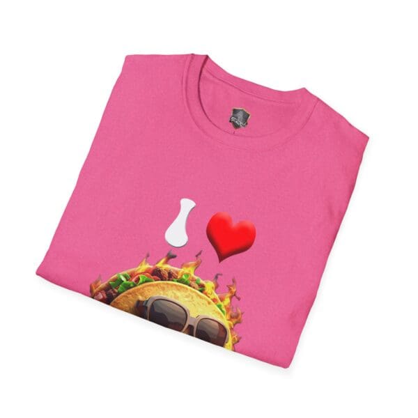 I Love Hot Taco T-Shirt in pink, featuring a taco illustration with sunglasses and the text "I ♥" above it.