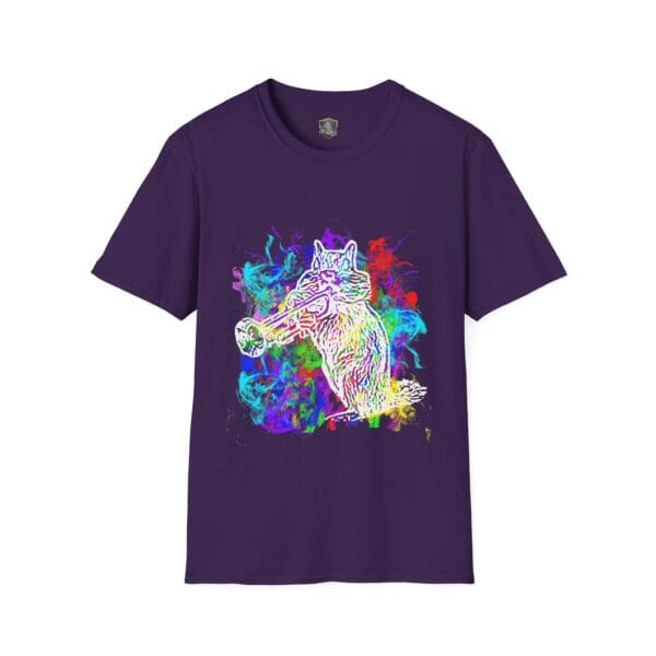 Smoked Chipmunk T-Shirt featuring a colorful neon design of a fox playing a trumpet, surrounded by vibrant swirls on a purple background.