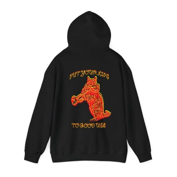 Black hoodie with a fiery red, abstract design of an animal playing a bugle. The text above and below reads "PUT YOUR LIPS TO GOOD USE.