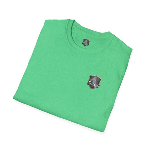 Kick Me T-Shirt in green, featuring a small shield logo on the chest and a folded design.