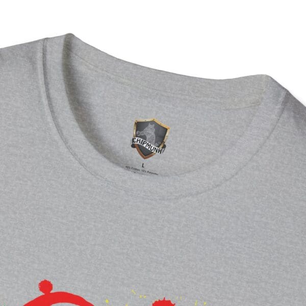 Splash Chipmunk T-Shirt in gray with a tag reading "Chipmunk" under the collar, showcasing a partially visible red and yellow graphic design.