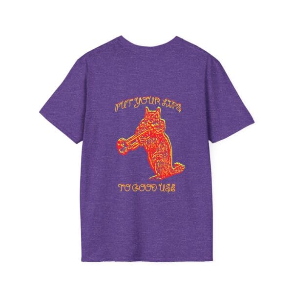 Purple t-shirt featuring an illustrated creature holding a bat with the text "Put Your Lips To Good Use.