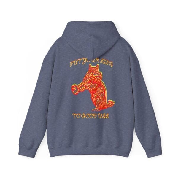 A dark gray hoodie showcasing a stylized red-orange dog holding a camera, with the phrase "Put Your Lips To Good Use.