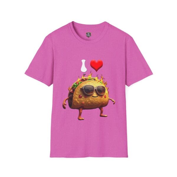 Pink T-shirt featuring a taco character with sunglasses and the phrase "I Love Hot Taco" above it.