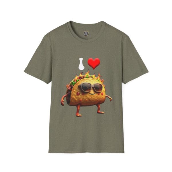 Green T-shirt titled "I Love Hot Taco T-Shirt," showcasing a taco character wearing sunglasses, along with feet and arms. Above the taco, a bone and a red heart express the sentiment "I love.