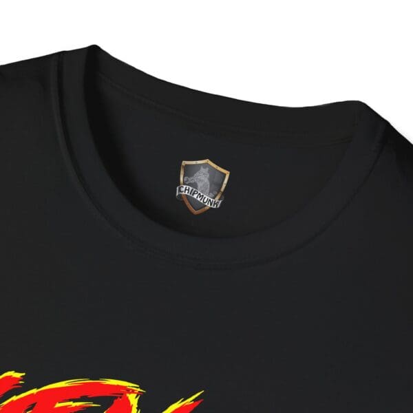 Close-up of a black Gen X T-shirt collar showcasing a logo with a shield and the word "Chipmunk" on it.