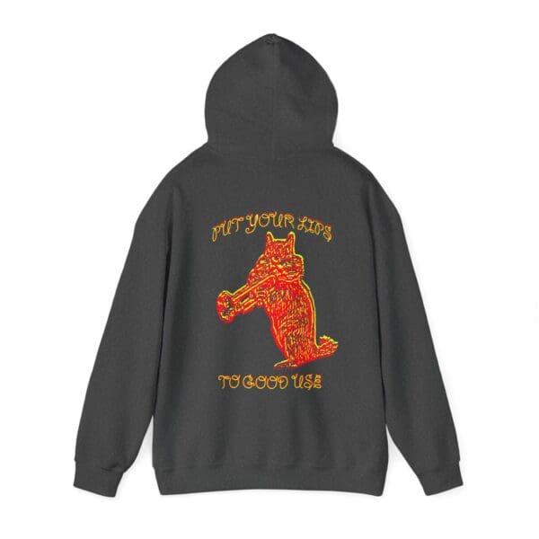 A black hoodie featuring a red and yellow illustration of a figure with a trumpet, displaying the text "PUT YOUR HYPE TO GOOD USE.