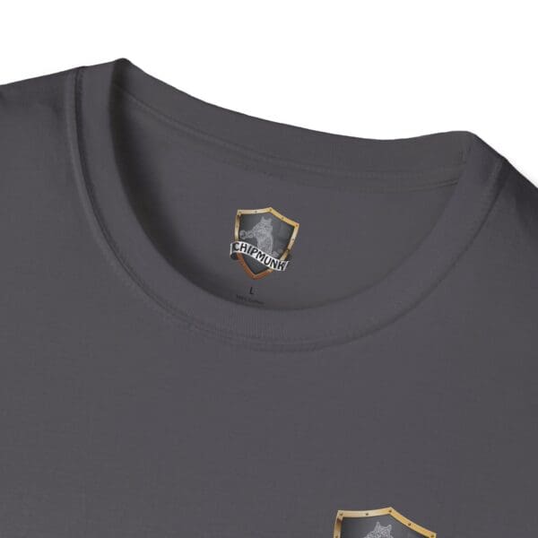 Driving Force T-Shirt in gray featuring a small shield logo on the chest and another on the collar with the word "Chipmunk.