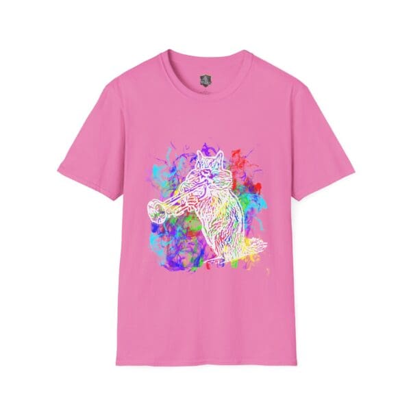 Smoked Chipmunk T-Shirt in pink, featuring a colorful outline of a raccoon holding a camera against a vibrant abstract background.