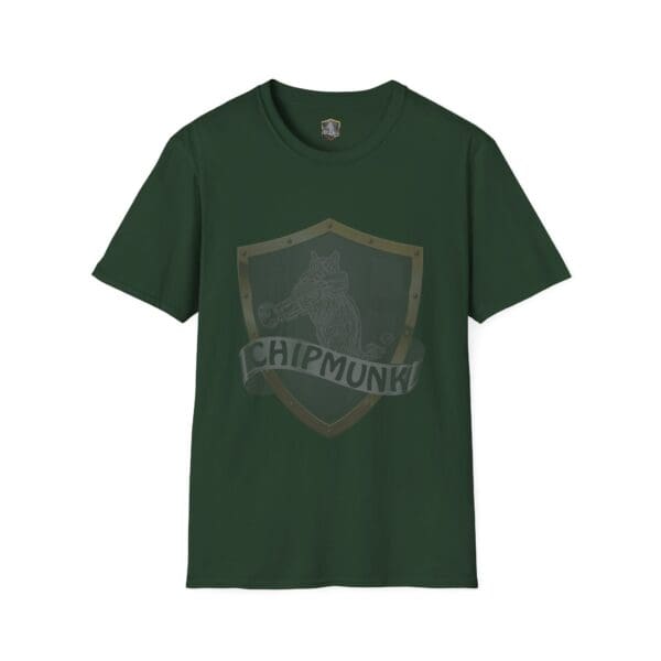 Chipmunk Brand T-Shirt in dark green, showcasing a shield emblem adorned with a detailed chipmunk illustration and the word "CHIPMUNK" elegantly displayed on a ribbon.