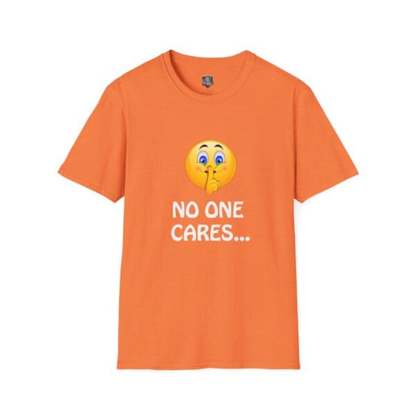 Orange T-shirt featuring a shushing emoji above the text "No one cares...", called the No One Cares T-Shirt.