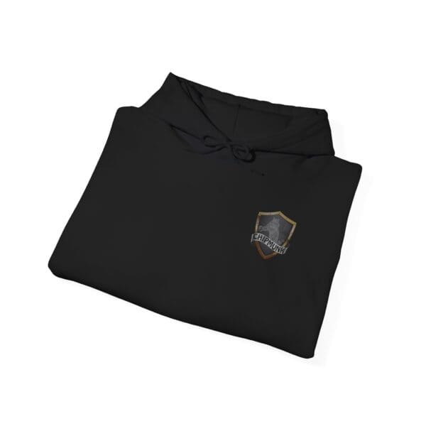 A folded Correctional Officer Support Hoodie in black, featuring a crest logo on the left chest area.