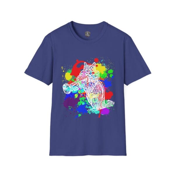 Navy blue T-shirt featuring a neon-colored chipmunk holding a rocket launcher against a splattered paint background.