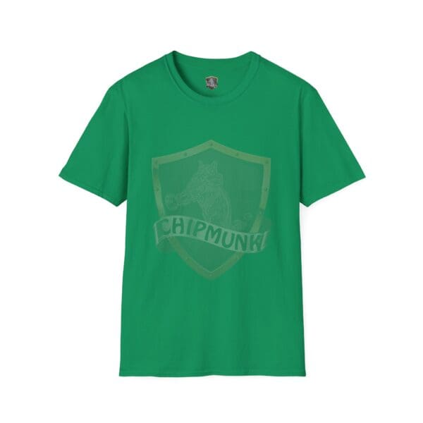 Chipmunk Brand T-Shirt in green with a shield design showcasing a chipmunk illustration and the word "Chipmunk" displayed beneath it.