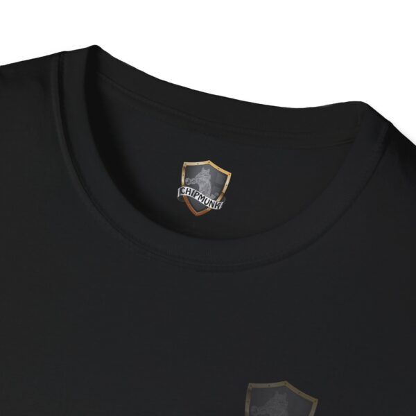 Black "You Bought It Because We Brought It" t-shirt with a CHIPMUNK label and a shield emblem inside the collar.