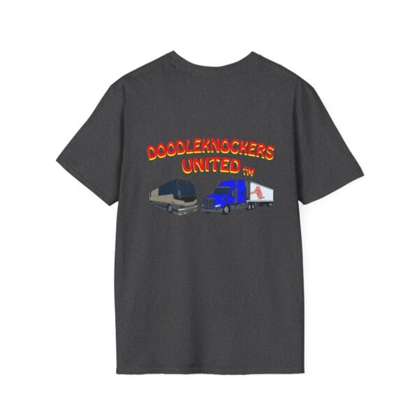 Gray "Doodleknockers Bus and Truck" T-shirt featuring "Doodleknockers United" with images of a tour bus and a semi-truck on the back.