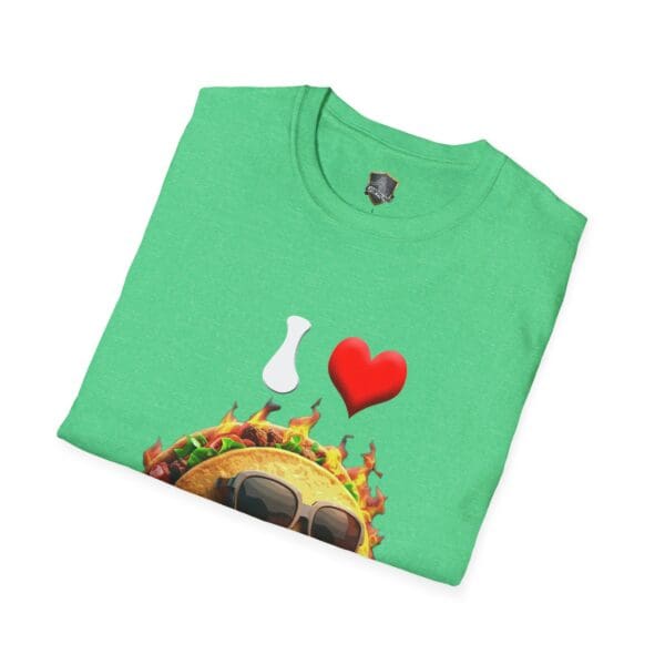 The "I Love Hot Taco T-Shirt" features a green design with a taco wearing sunglasses, flames, a white vase, and a red heart to express your love for tacos.