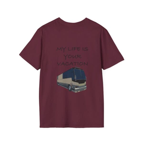 The "Vacation T-Shirt" in maroon features the text "My Life is Your Vacation" above an image of a tour bus.