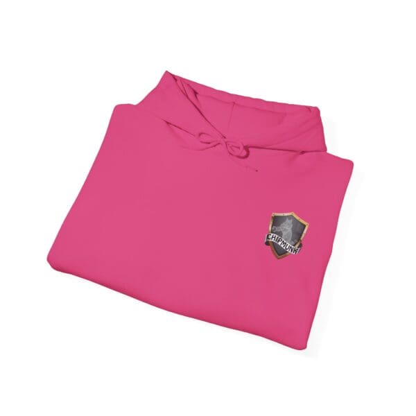 Chipmunk Family Graphic Hoodie in pink, featuring a small black and gold shield emblem on the chest, folded neatly against a white background.