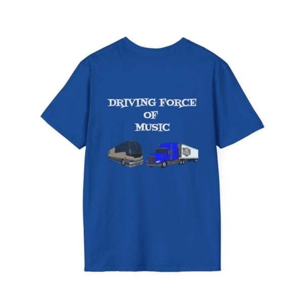 Blue "Driving Force" T-shirt featuring the text "Driving Force of Music" along with illustrations of a tour bus and a truck.