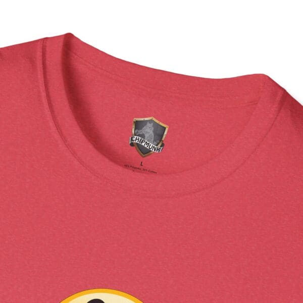 Close-up of the neck area of a red "No One Cares" T-shirt featuring a "Chipmunk" brand label and a medium-sized smiley face graphic below.