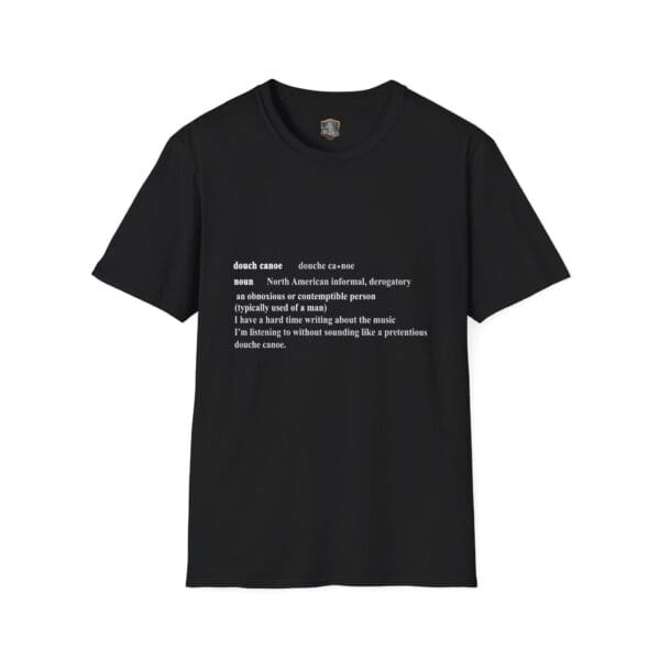 A black "Douche Canoe T-Shirt" showcasing a humorous text with the slang term and its informal definition.