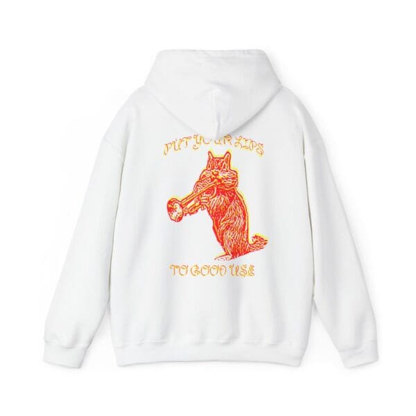 Back view of a white "Put Your Lips To Good Use" hoodie featuring a red and yellow graphic of a wolf-head trumpet.