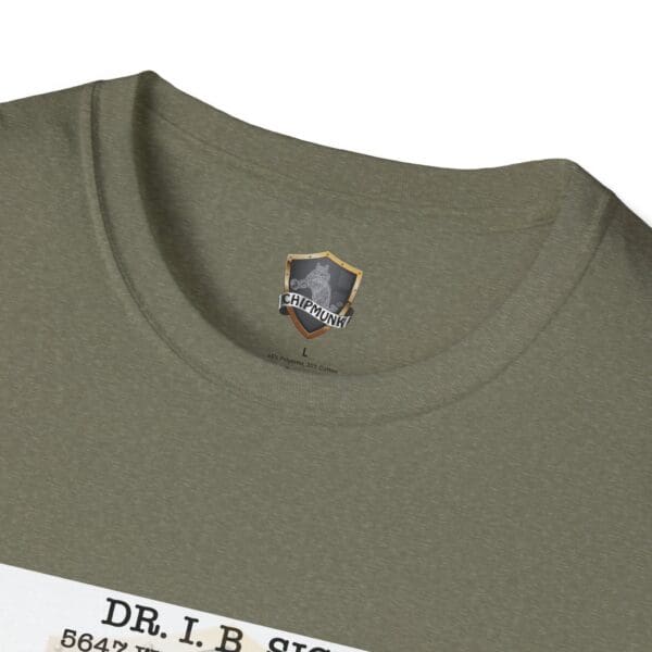 Olive green Laughter T-Shirt from Chipmunk brand, featuring a visible neckline tag and partially visible printed text, DR. I.B. SIGN, at the bottom.