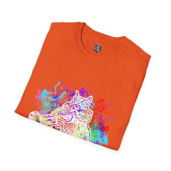 Smoked Chipmunk T-Shirt in orange featuring a vibrant graphic of a wolf playing the trumpet on the front.