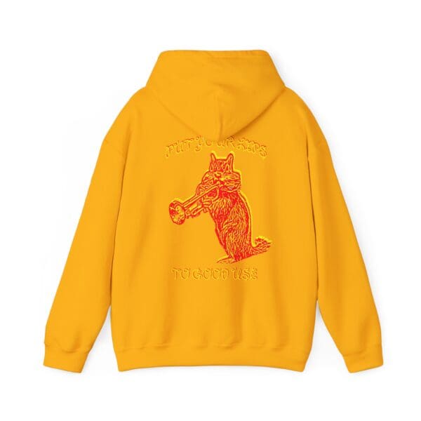 Yellow hoodie featuring red embroidered artwork of a wolf in a suit with a cigar, encircled by the phrase "Put Your Lips To Good Use.