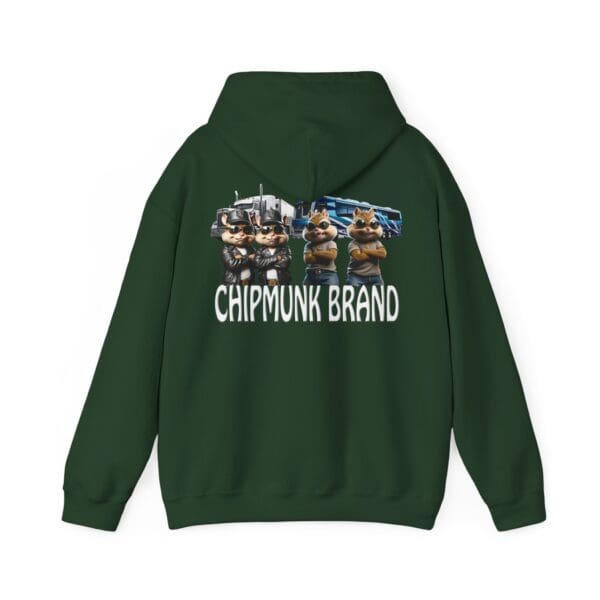 Green Chipmunk Family Graphic Hoodie displaying an illustration of four chipmunks in construction gear beside a truck, with the text "CHIPMUNK BRAND" beneath the image.