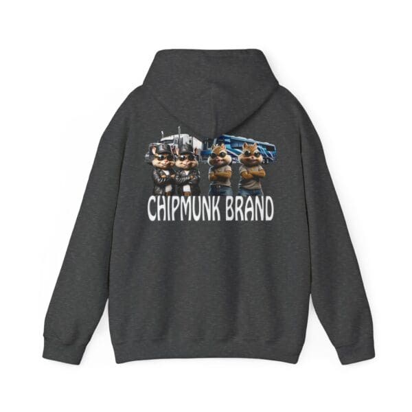 A dark gray Chipmunk Family Graphic Hoodie showcasing animated chipmunks standing with crossed arms next to a truck, with the text "Chipmunk Brand" underneath.