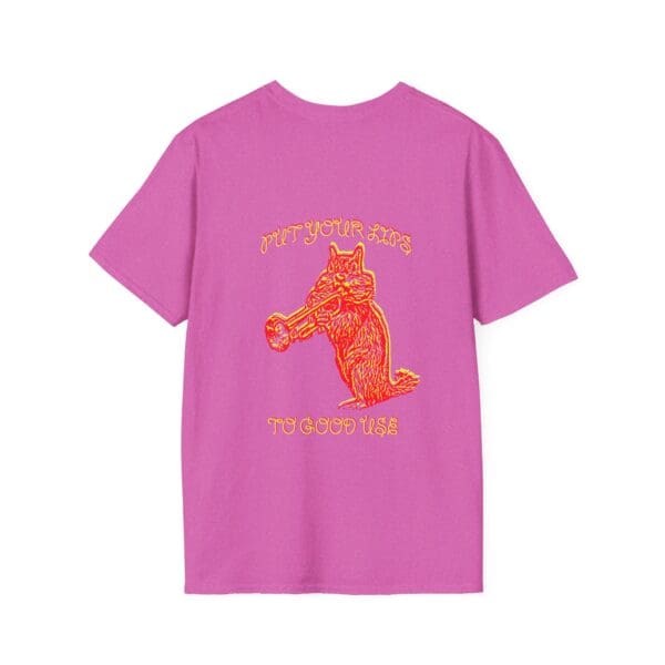 Pink Put Your Lips To Good Use T-Shirt featuring an illustration of a cat holding a trumpet.