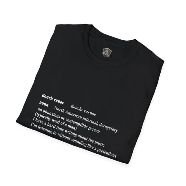 Black "Douche Canoe" T-shirt featuring a humorous definition highlighting its slang use for an obnoxious person.