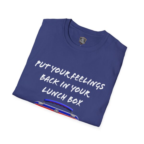 Navy blue Lunchbox Logic Tee with "Put your feelings back in your lunch box" printed in white.