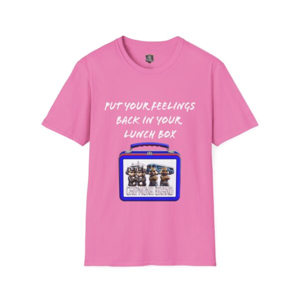 Pink "Lunchbox Logic Tee" featuring the text "Put your feelings back in your lunch box" with a "Chipmunk Brand" illustrated lunchbox graphic.