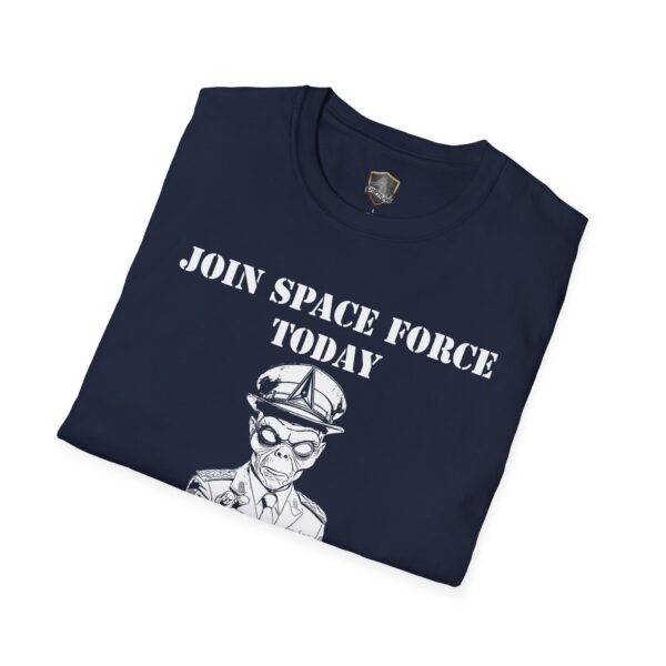 A navy blue T-shirt featuring a graphic of an alien military officer with the text "JOIN SPACE FORCE TODAY" printed on the front. Product: “Join Space Force Today” Alien T-Shirt.