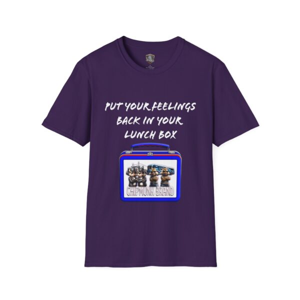 Purple "Lunchbox Logic Tee" with "Put your feelings back in your lunch box" text above a lunchbox graphic featuring small figures.