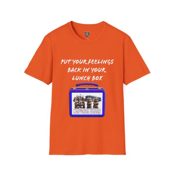 Orange "Lunchbox Logic Tee" with white text saying "Put your feelings back in your lunch box" above a cartoon chipmunk lunchbox image.