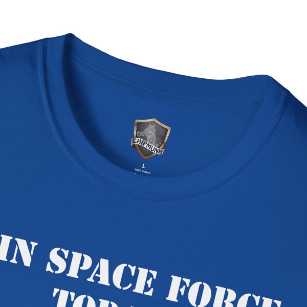 Close-up of a blue "Join Space Force Today" Alien T-Shirt, featuring white text partially visible and a logo near the collar labeled "Chipmunk.