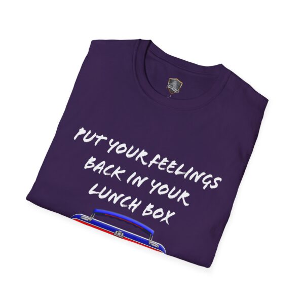 The Lunchbox Logic Tee is a purple t-shirt featuring the phrase "Put your feelings back in your lunch box" above a lunchbox graphic.