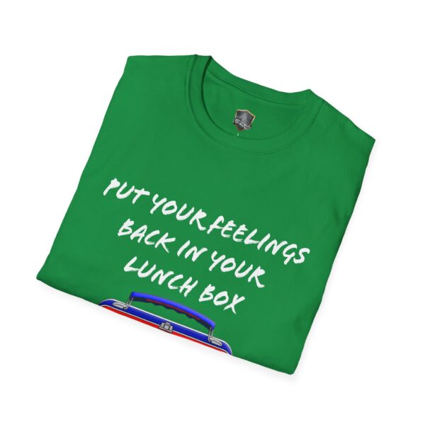 Check out the Lunchbox Logic Tee, a green T-shirt featuring the phrase "Put your feelings back in your lunch box" and a small lunch box graphic.