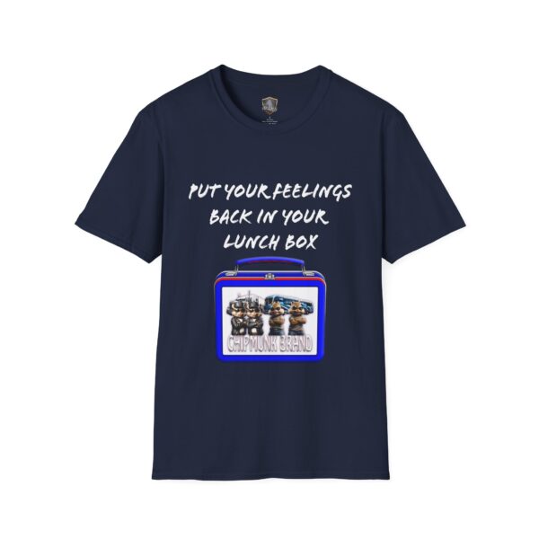 The Lunchbox Logic Tee is a navy blue T-shirt featuring white text that reads "Put your feelings back in your lunch box" along with an illustration of a lunchbox showcasing cartoon chipmunks.