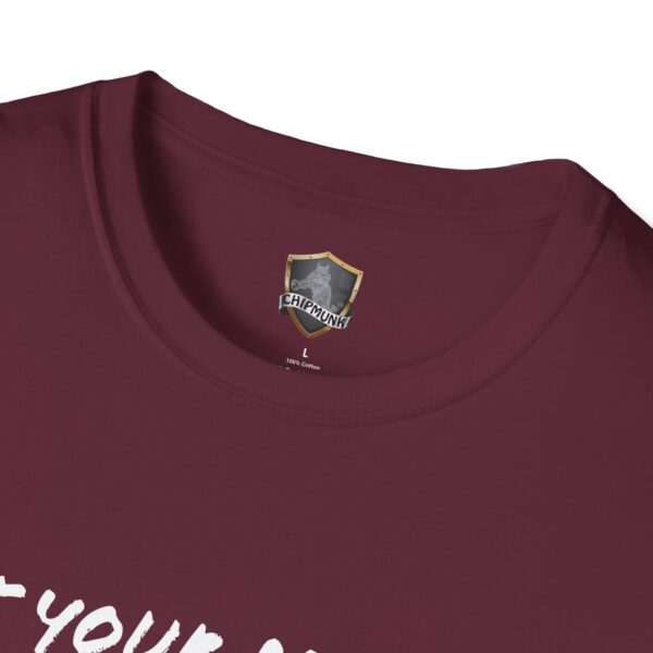 A maroon Lunchbox Logic Tee is shown lying flat, featuring "CHIPMUNK" on a label inside the collar.